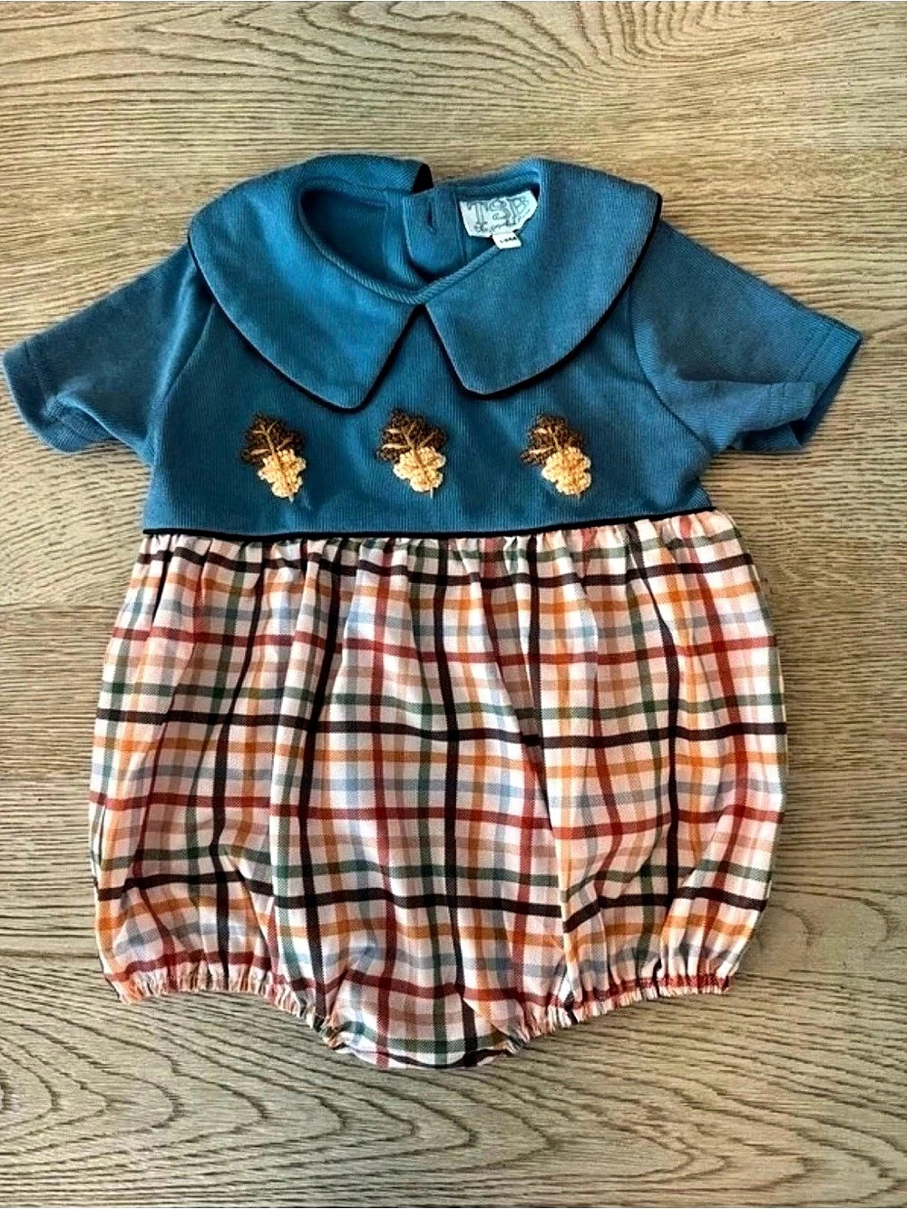 The Smocked Bear Plaid Romper in Blue Baby 18M NWOT